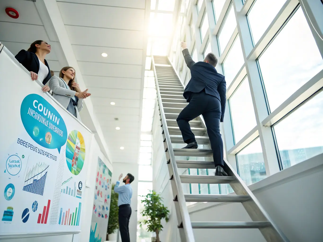 An Indian professional climbing a staircase symbolizing career progression, with cityscape in the background.