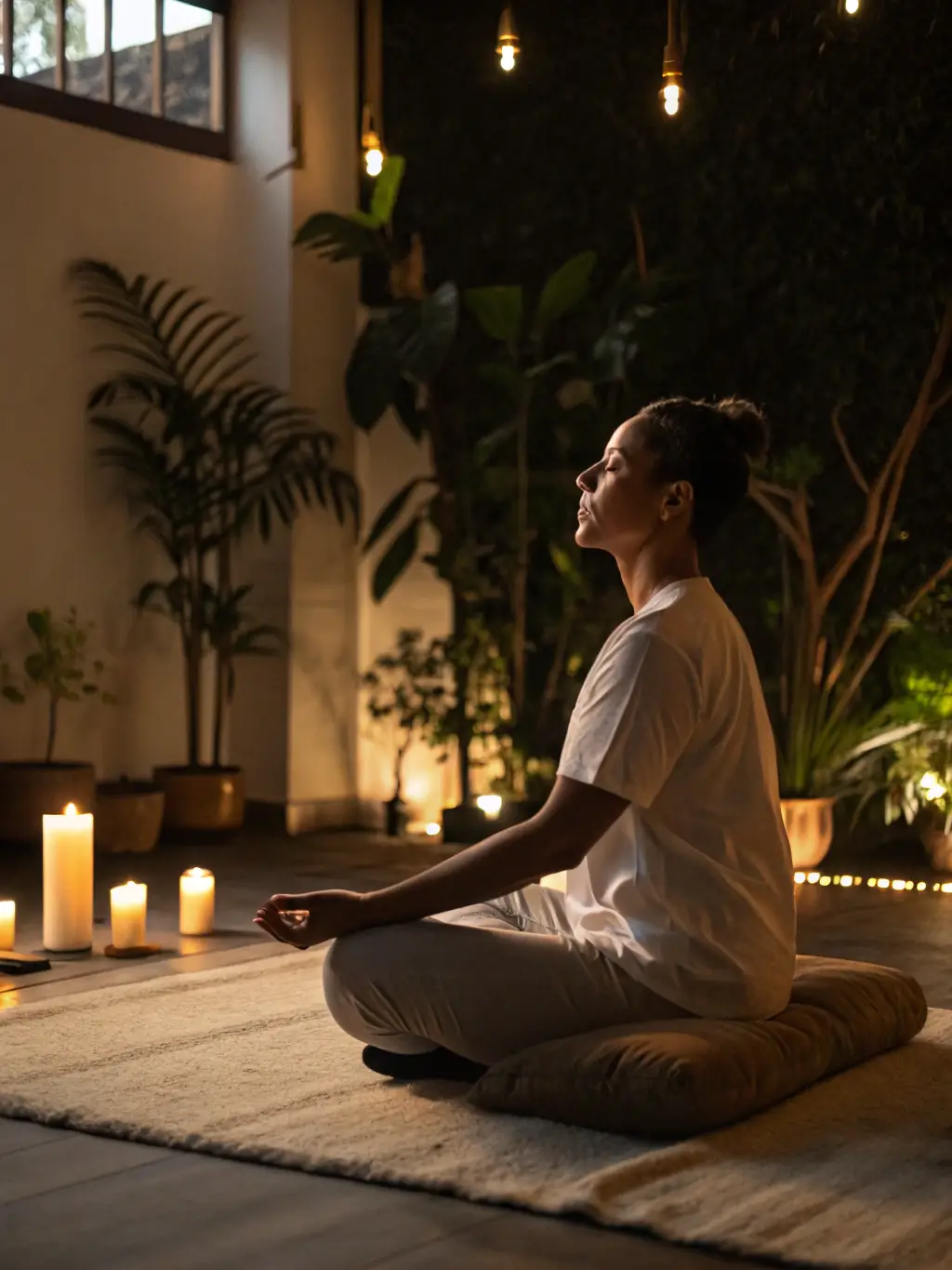 A serene individual meditating in a peaceful environment, representing mindset development and inner peace, with subtle Indian cultural elements in the background.